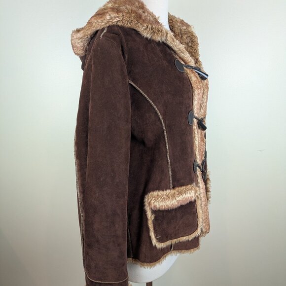 Vintage Y2K Penny Lane Suede Guess Hoodie Hooded Coat w/ Faux Fur Lining L - Picture 3 of 11